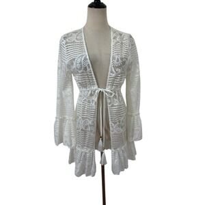NWT Spiaggia Dolce White Crochet Coverup Duster Cardigan Tie Front Sz M Boho